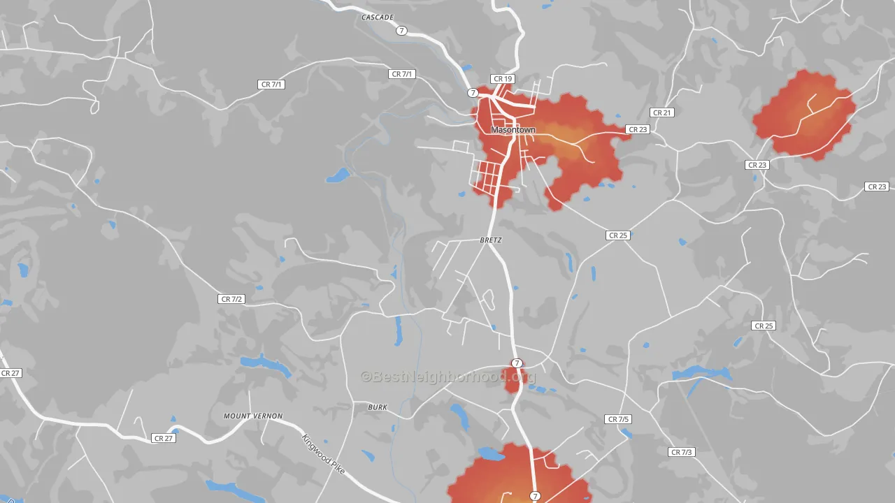Walk Grade map of 26524, WV, walkable areas in green and car-dependent areas in red