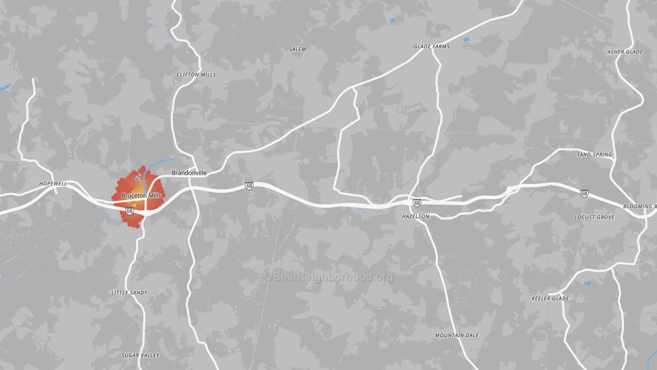 Walk Grade map of 26525, WV, walkable areas in green and car-dependent areas in red