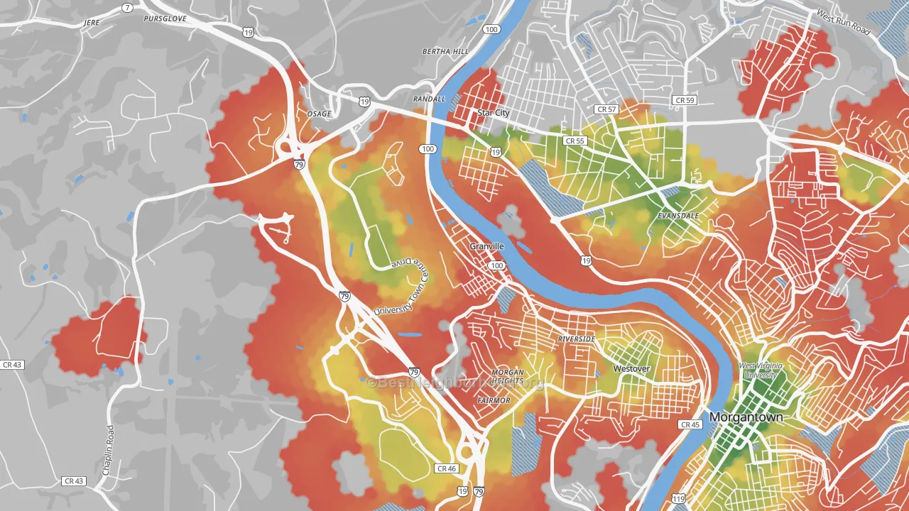 Walk Grade map of 26534, WV, walkable areas in green and car-dependent areas in red