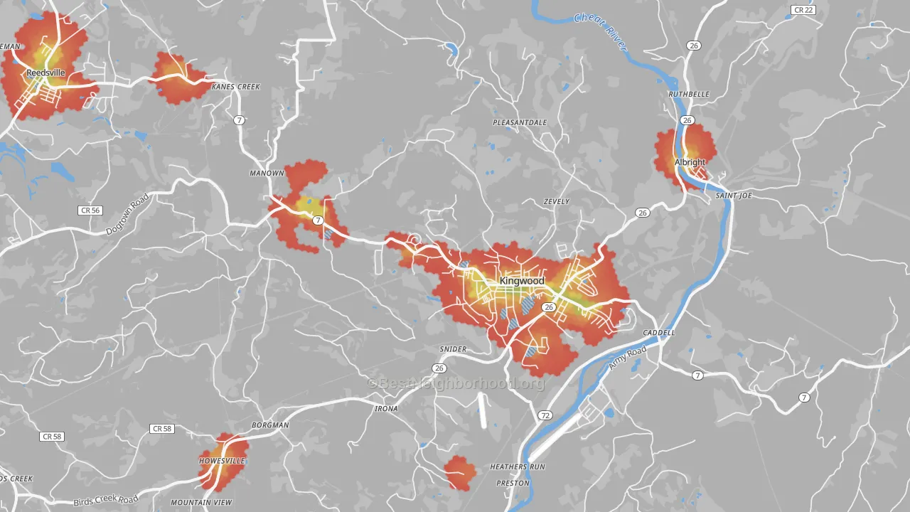 Walk Grade map of 26537, WV, walkable areas in green and car-dependent areas in red
