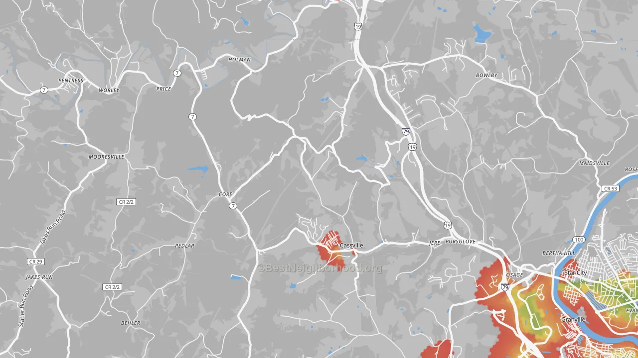 Walk Grade map of 26541, WV, walkable areas in green and car-dependent areas in red