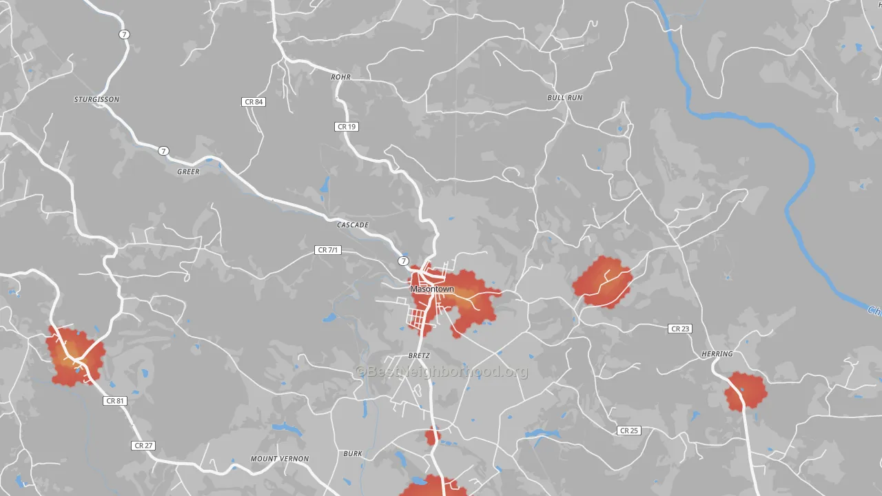 Walk Grade map of 26542, WV, walkable areas in green and car-dependent areas in red