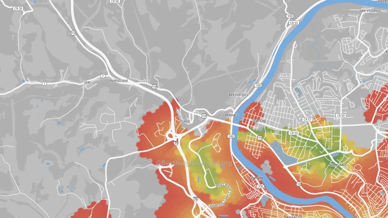 Walk Grade map of 26543, WV, walkable areas in green and car-dependent areas in red
