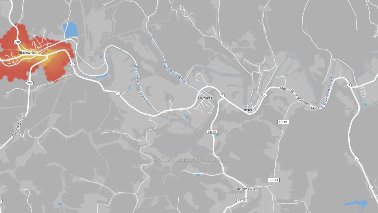 Walk Grade map of 26544, WV, walkable areas in green and car-dependent areas in red