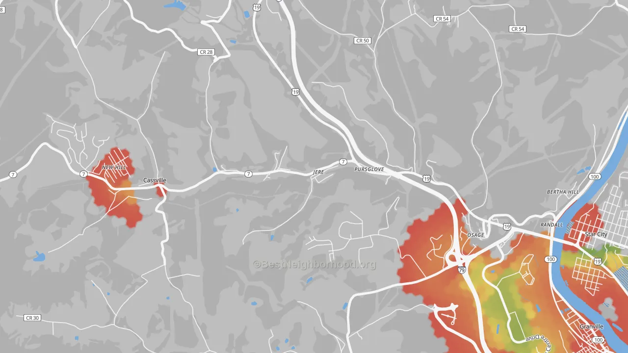 Walk Grade map of 26546, WV, walkable areas in green and car-dependent areas in red