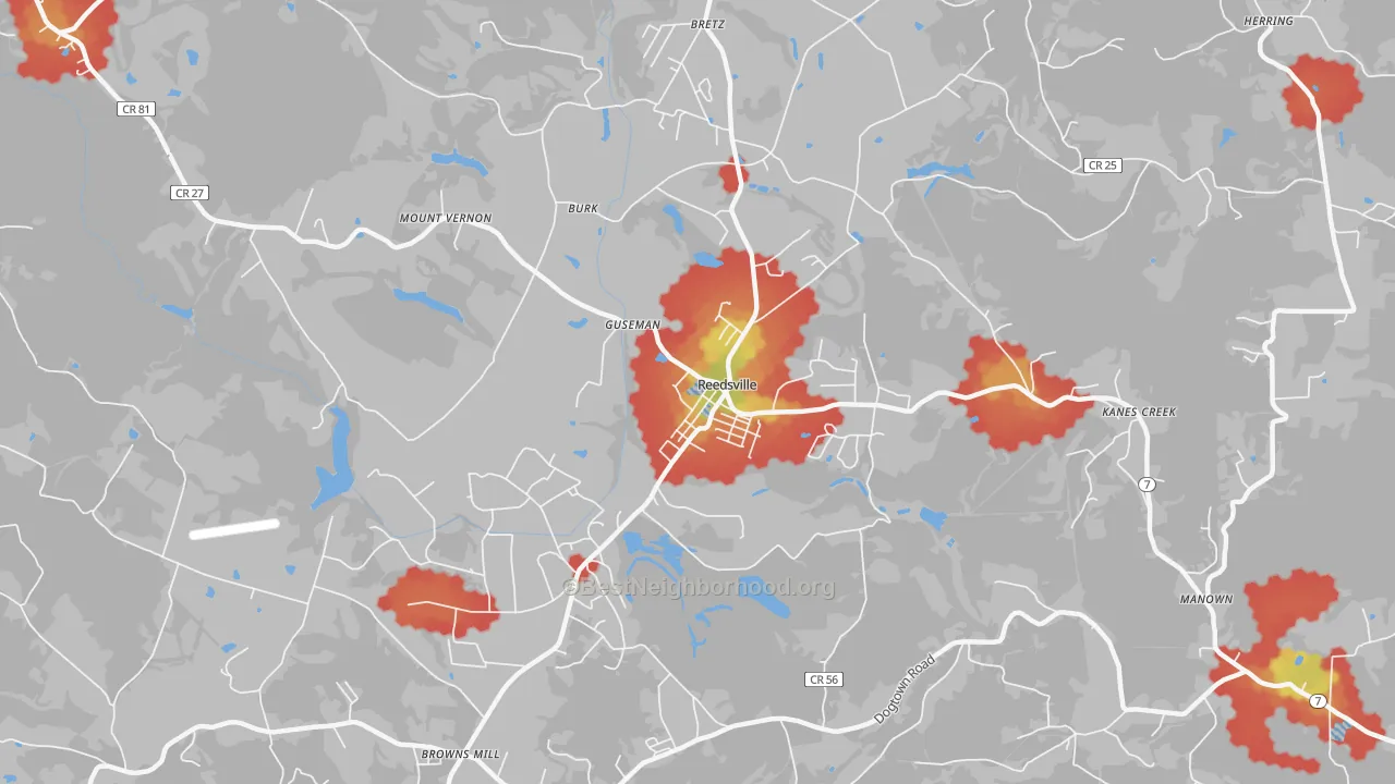 Walk Grade map of 26547, WV, walkable areas in green and car-dependent areas in red