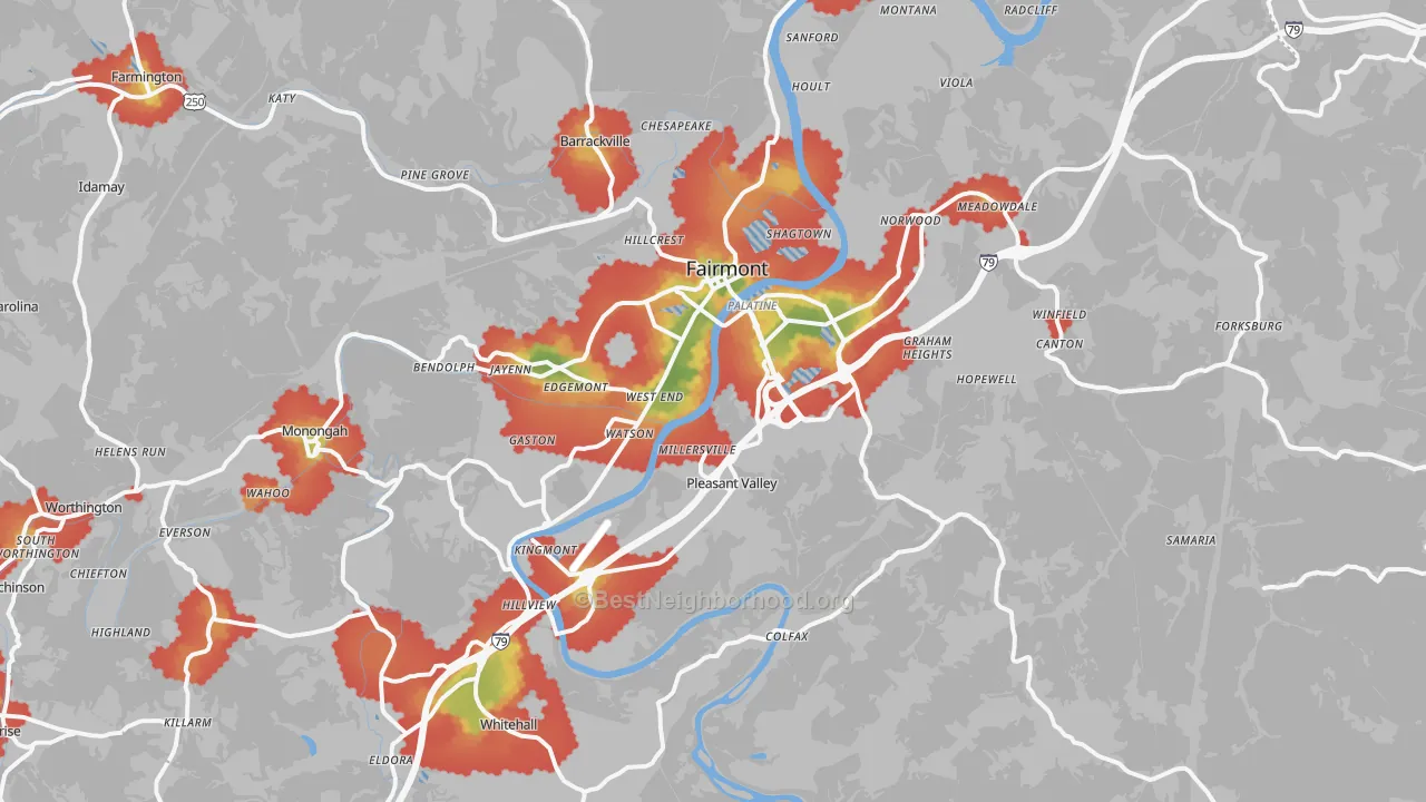 Walk Grade map of 26554, WV, walkable areas in green and car-dependent areas in red