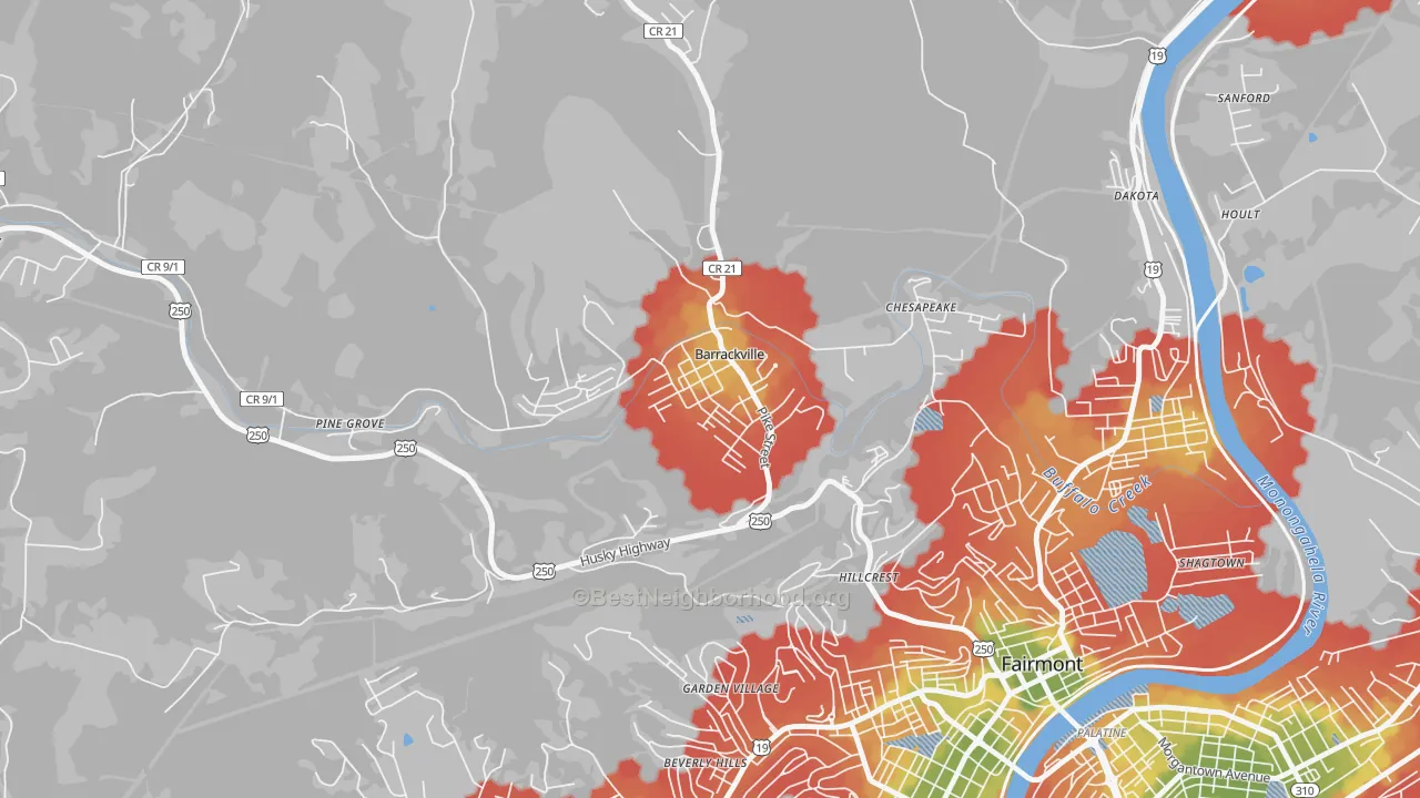 Walk Grade map of 26559, WV, walkable areas in green and car-dependent areas in red
