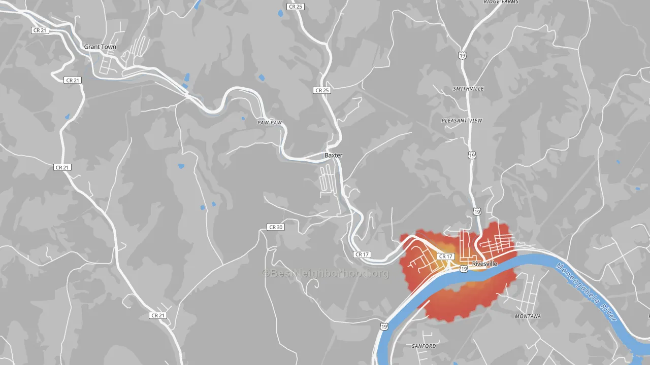 Walk Grade map of 26560, WV, walkable areas in green and car-dependent areas in red