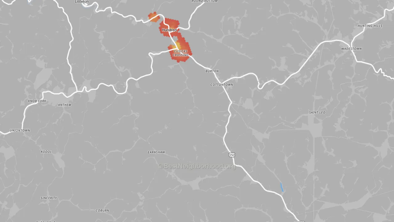 Walk Grade map of 26562, WV, walkable areas in green and car-dependent areas in red