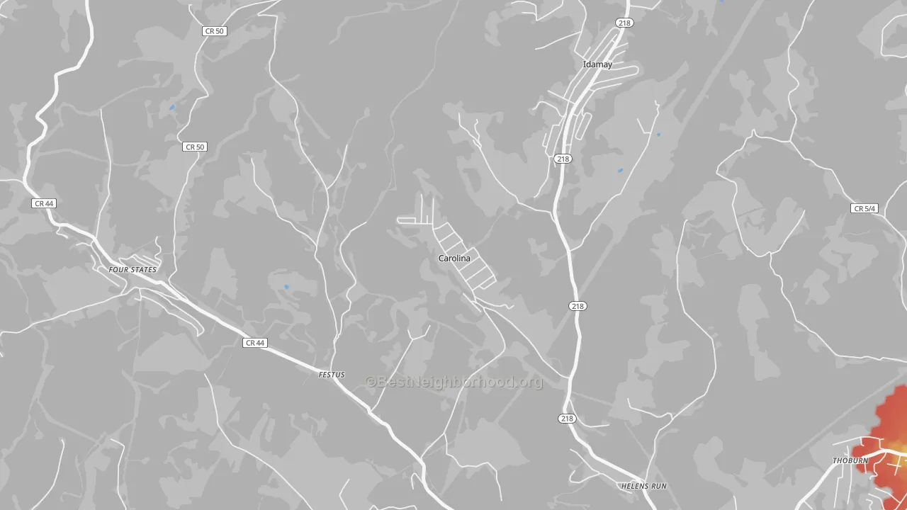 Walk Grade map of 26563, WV, walkable areas in green and car-dependent areas in red