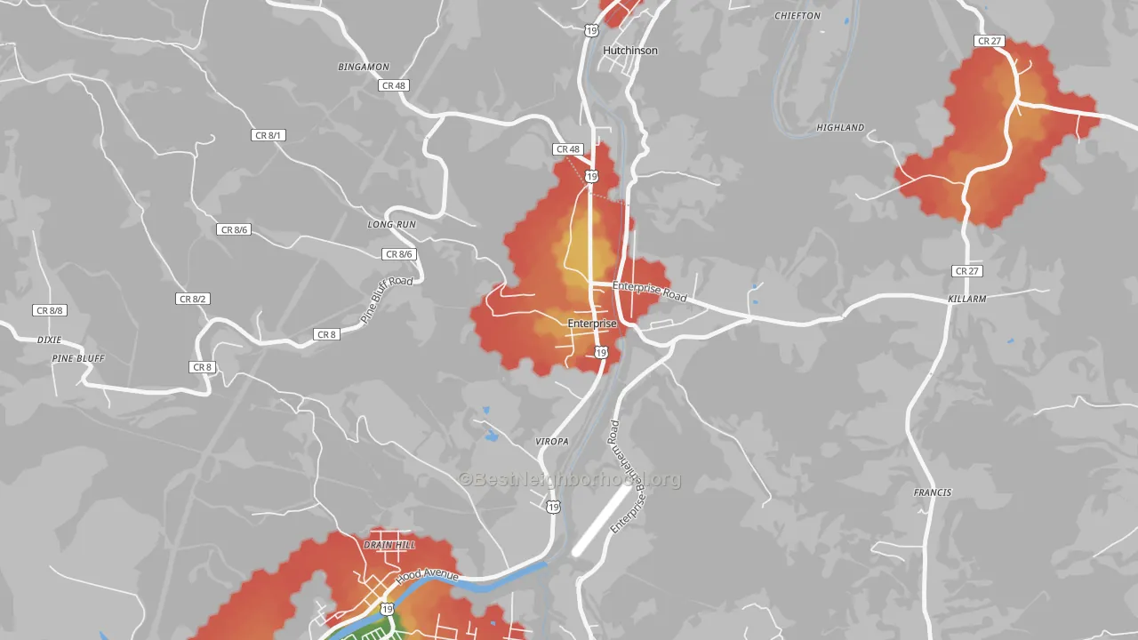 Walk Grade map of 26568, WV, walkable areas in green and car-dependent areas in red