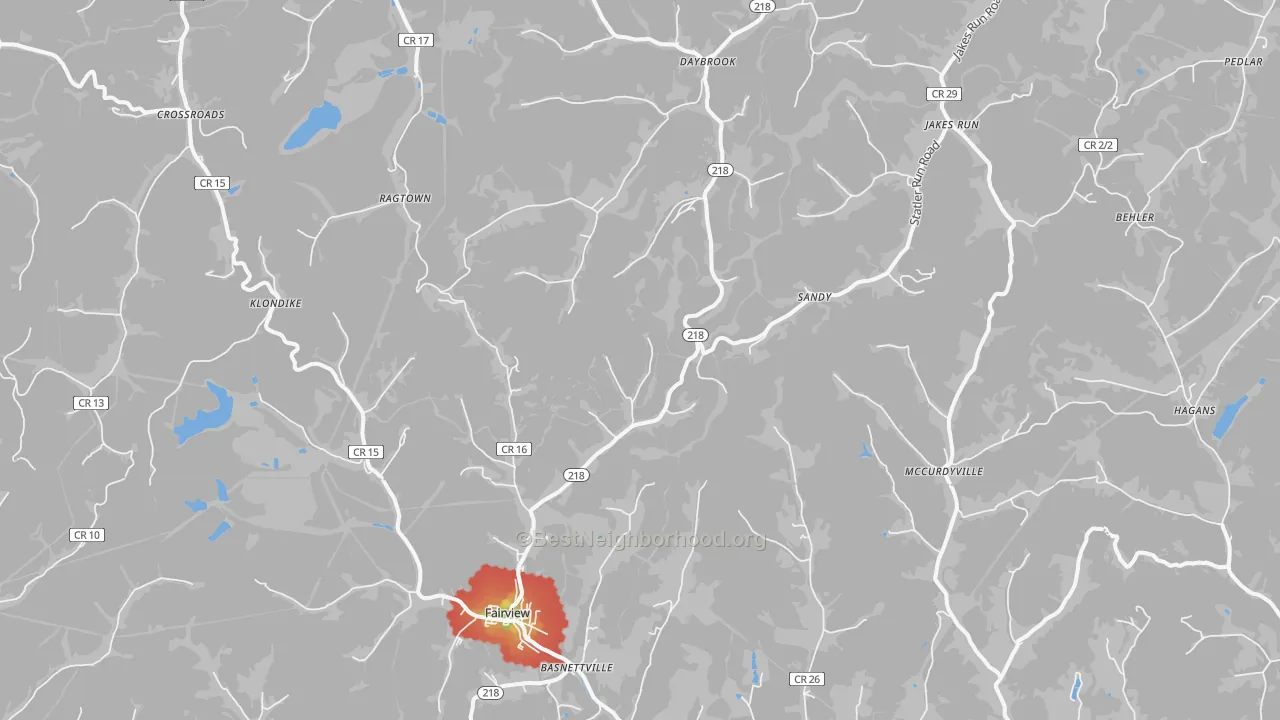 Walk Grade map of 26570, WV, walkable areas in green and car-dependent areas in red