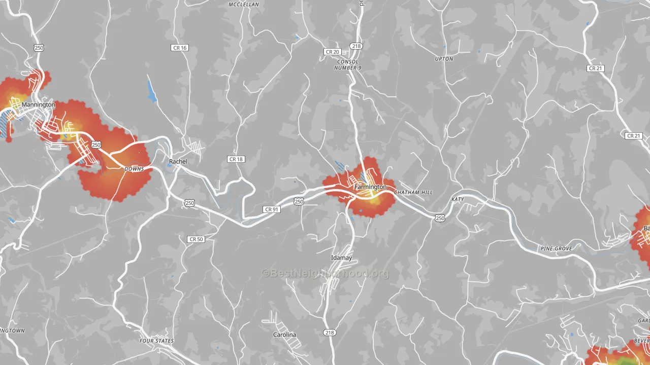 Walk Grade map of 26571, WV, walkable areas in green and car-dependent areas in red