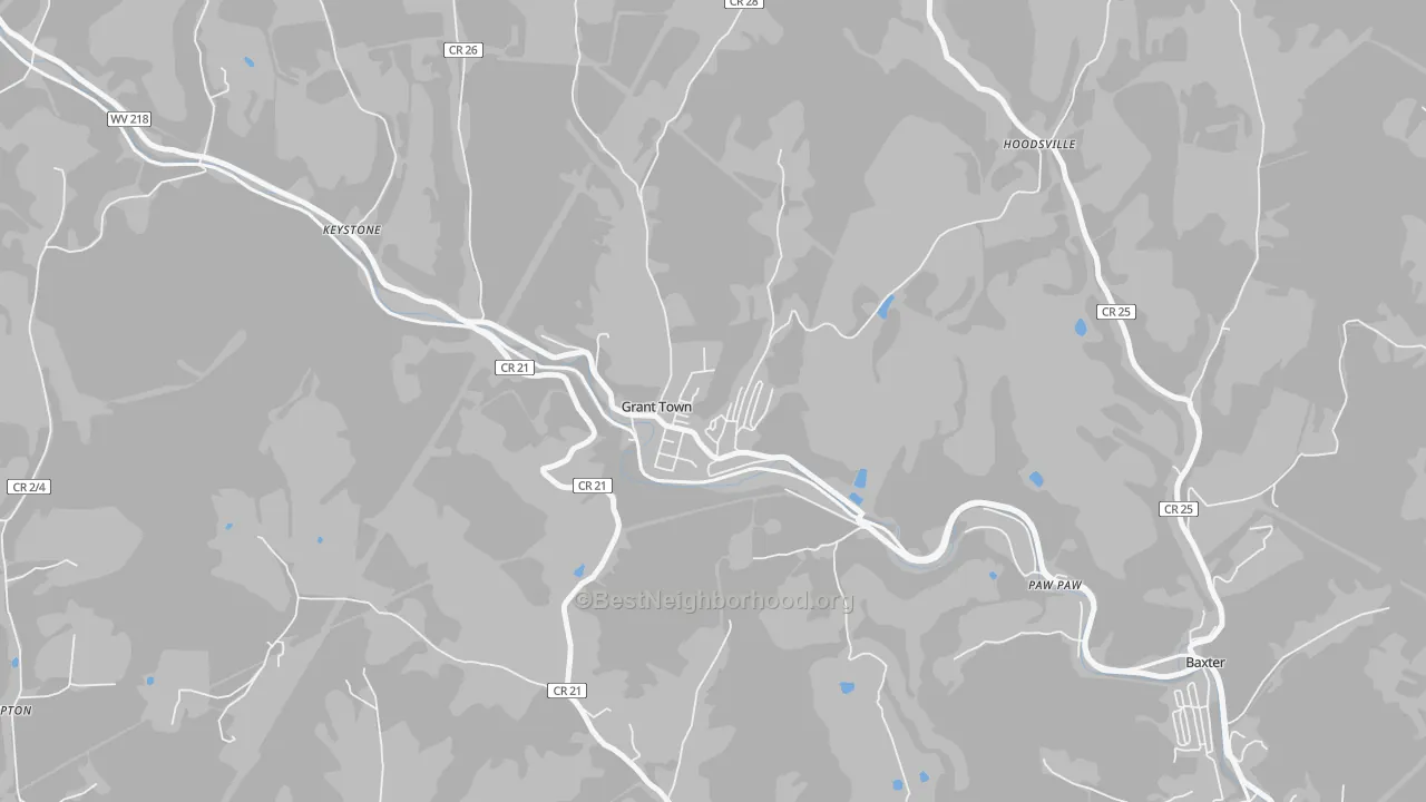 Walk Grade map of 26574, WV, walkable areas in green and car-dependent areas in red