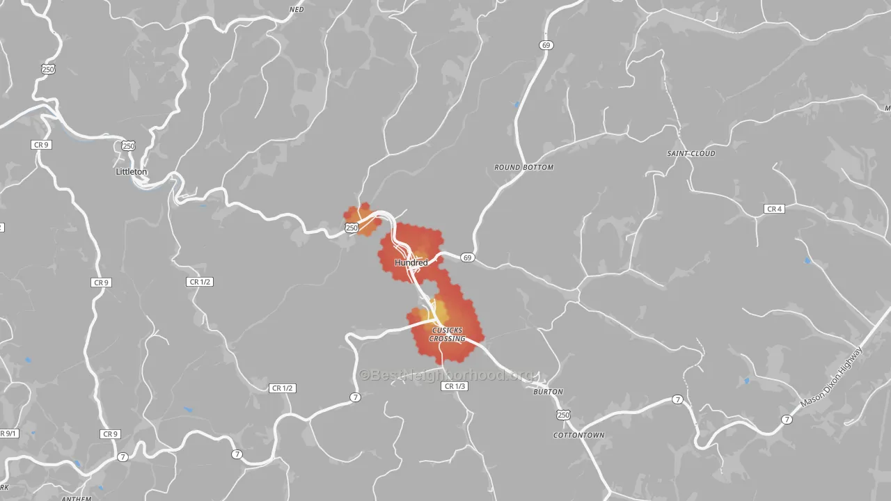 Walk Grade map of 26575, WV, walkable areas in green and car-dependent areas in red