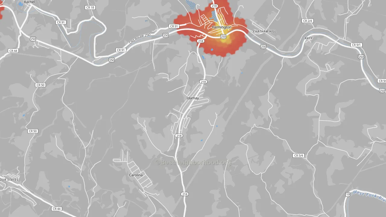 Walk Grade map of 26576, WV, walkable areas in green and car-dependent areas in red