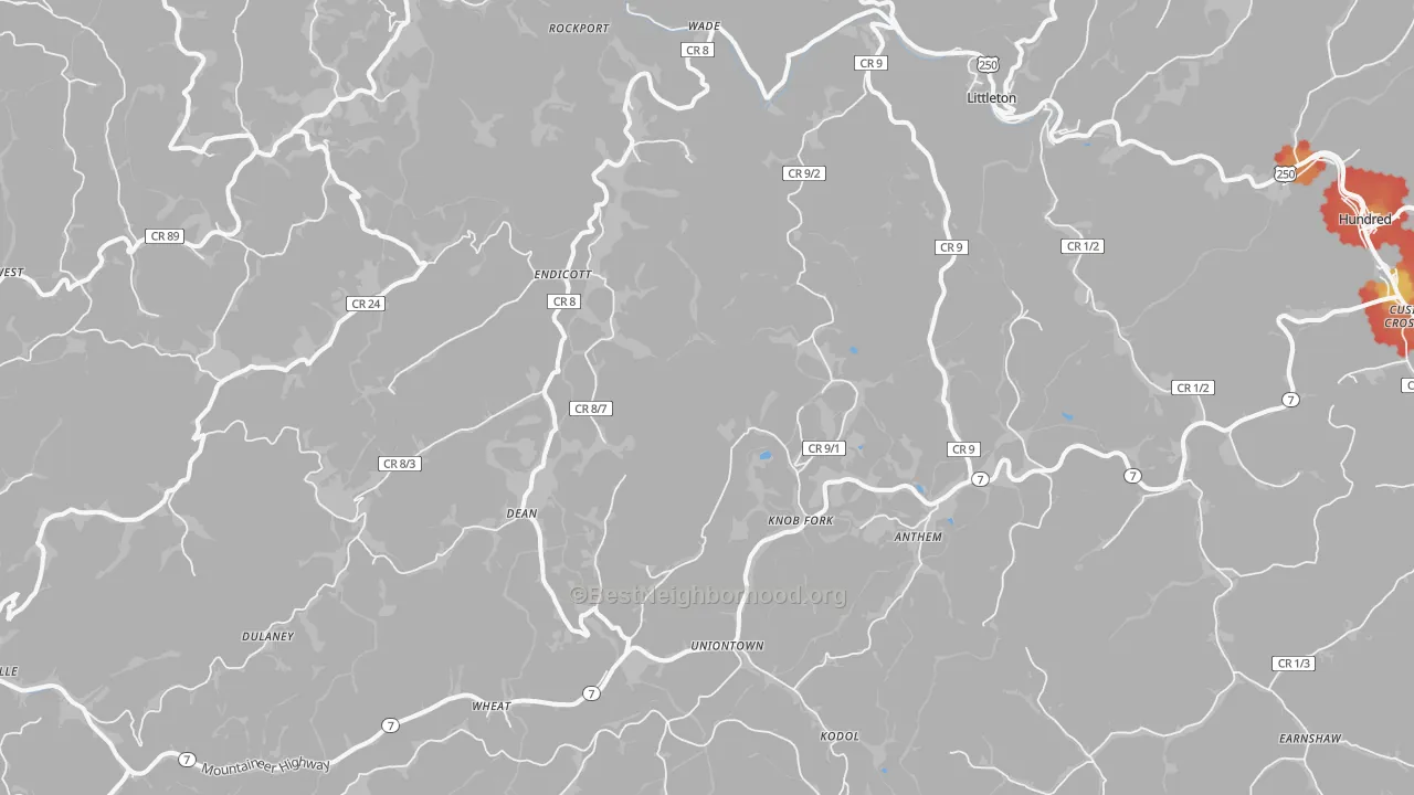 Walk Grade map of 26581, WV, walkable areas in green and car-dependent areas in red