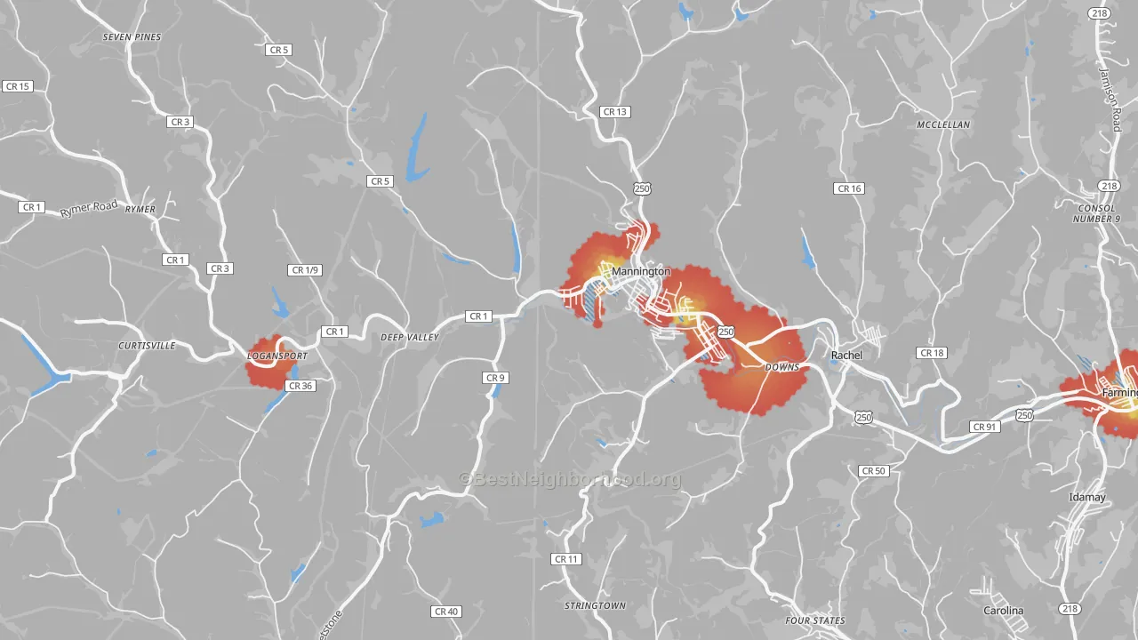 Walk Grade map of 26582, WV, walkable areas in green and car-dependent areas in red