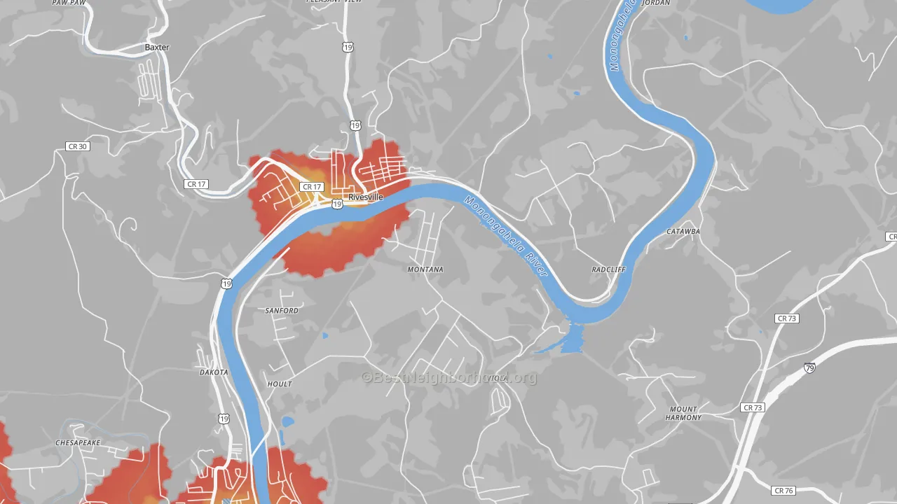 Walk Grade map of 26586, WV, walkable areas in green and car-dependent areas in red