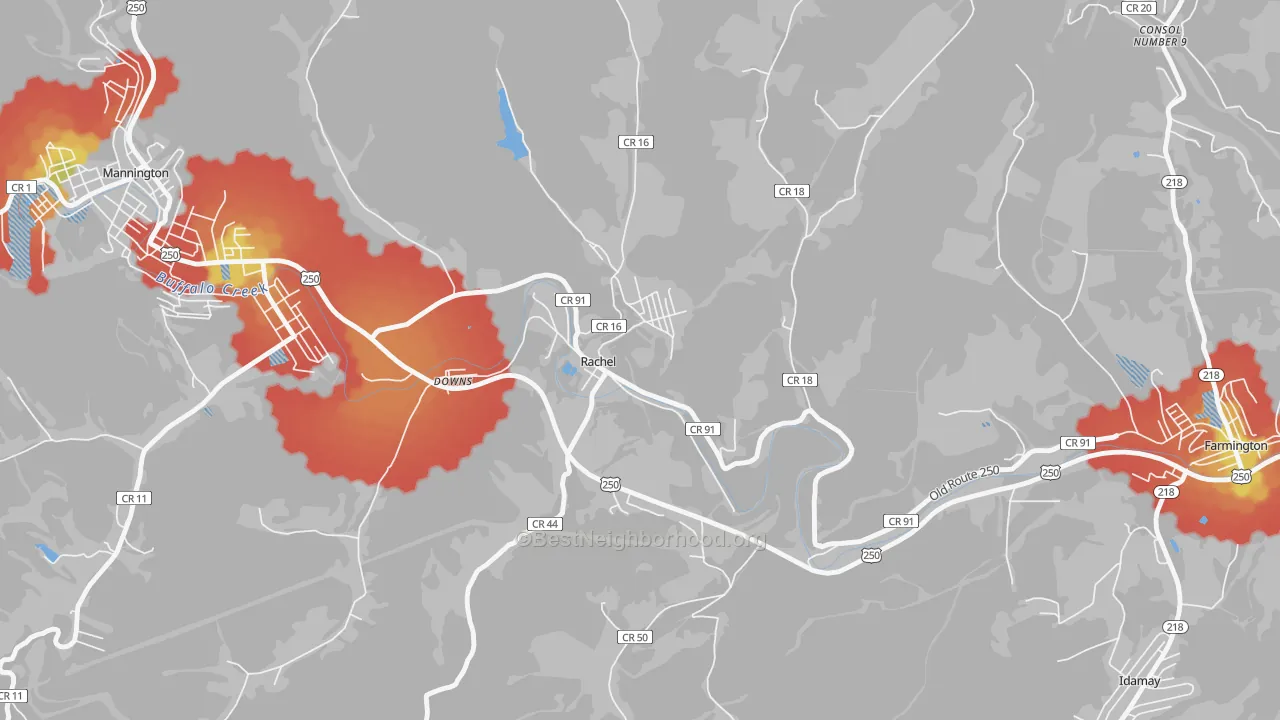 Walk Grade map of 26587, WV, walkable areas in green and car-dependent areas in red