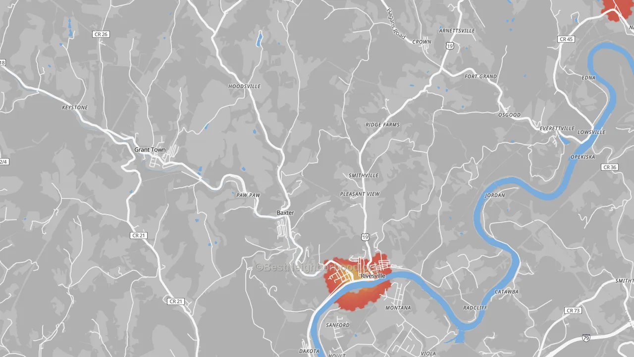 Walk Grade map of 26588, WV, walkable areas in green and car-dependent areas in red