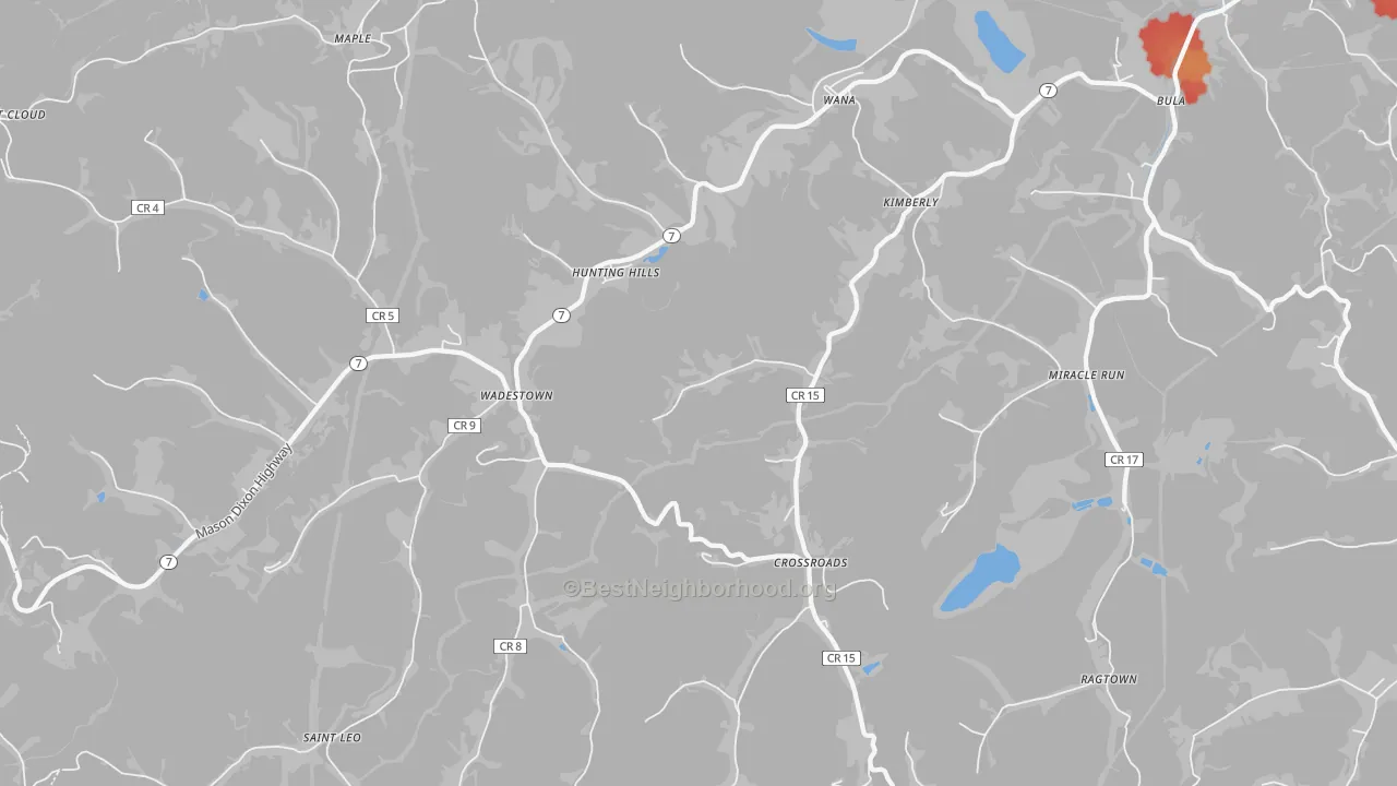 Walk Grade map of 26590, WV, walkable areas in green and car-dependent areas in red