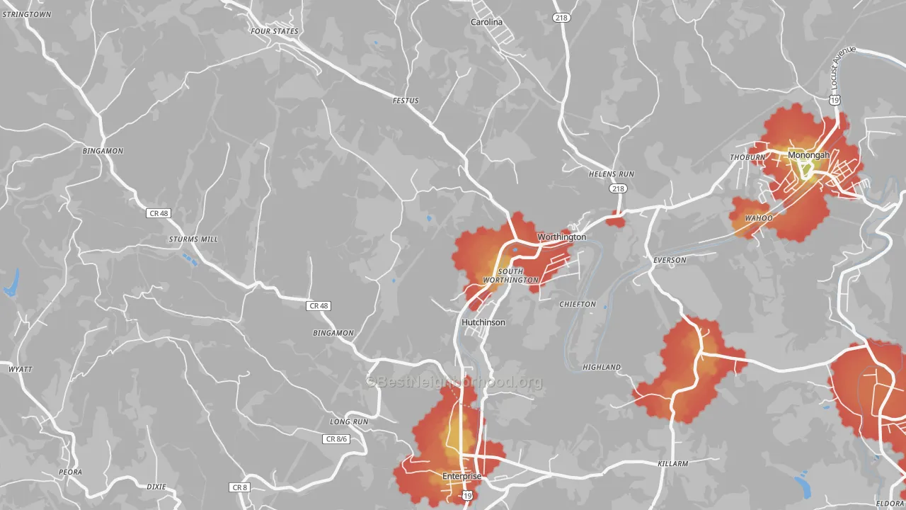 Walk Grade map of 26591, WV, walkable areas in green and car-dependent areas in red