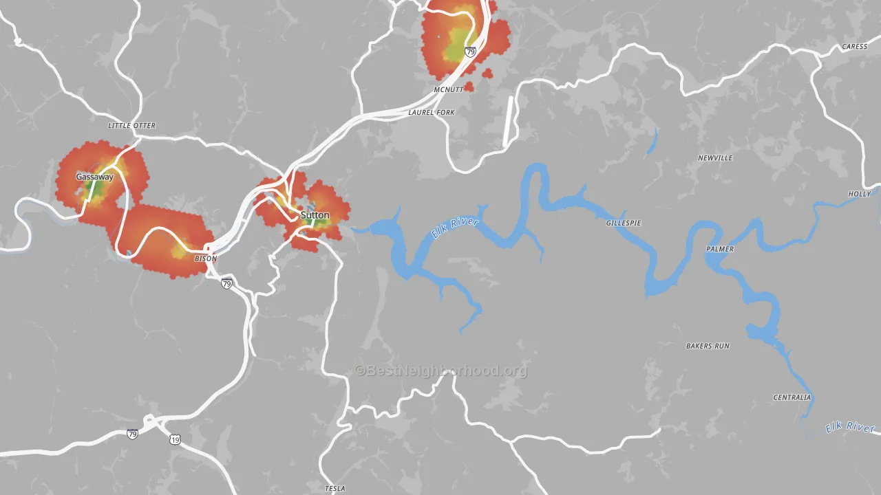 Walk Grade map of 26601, WV, walkable areas in green and car-dependent areas in red