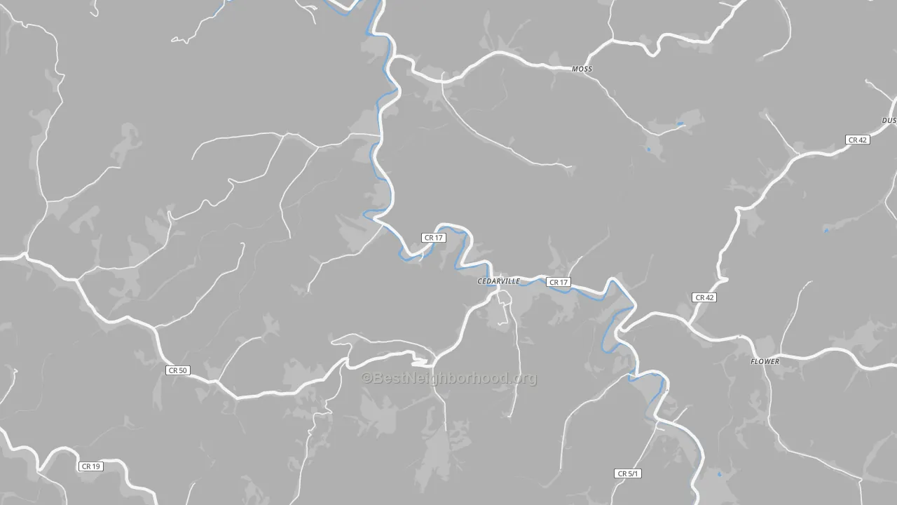 Walk Grade map of 26611, WV, walkable areas in green and car-dependent areas in red