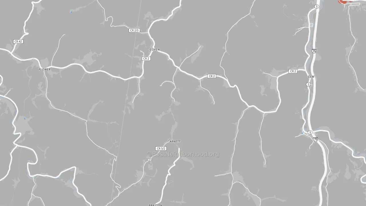 Walk Grade map of 26615, WV, walkable areas in green and car-dependent areas in red