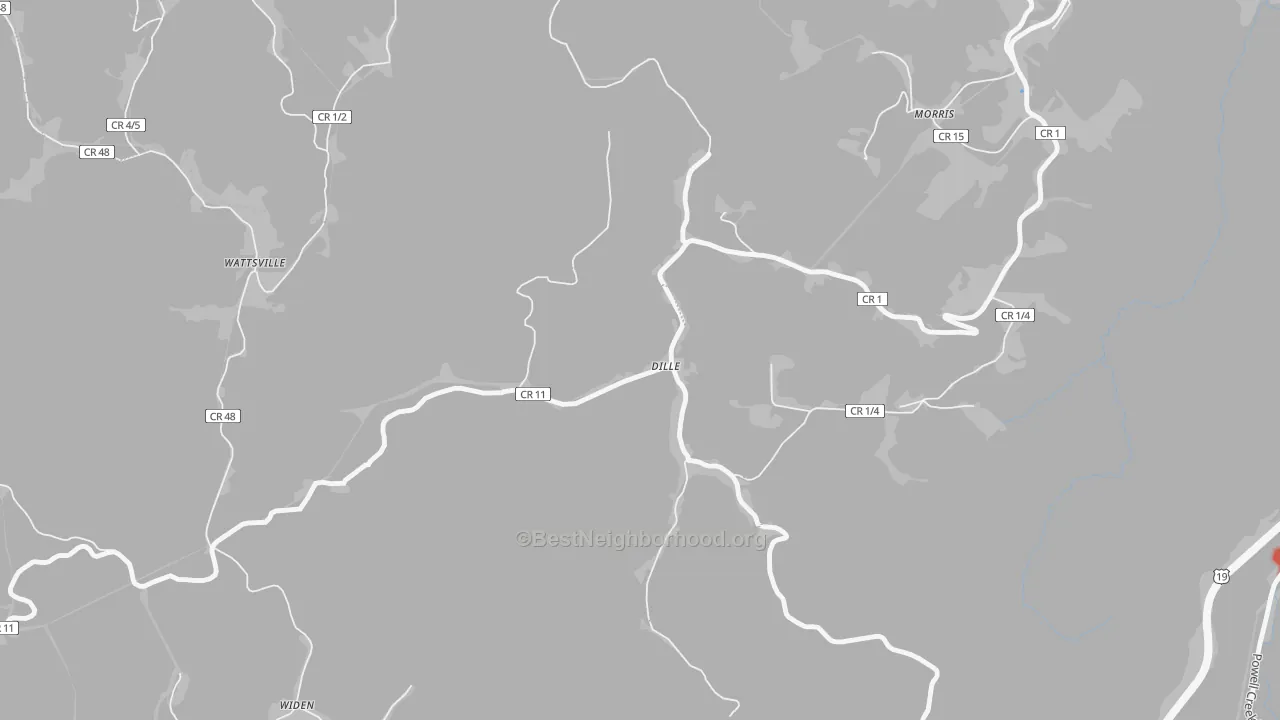 Walk Grade map of 26617, WV, walkable areas in green and car-dependent areas in red