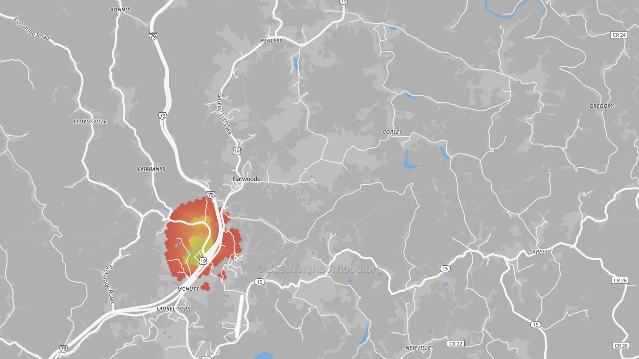 Walk Grade map of 26621, WV, walkable areas in green and car-dependent areas in red