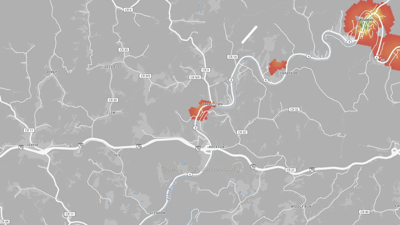 Walk Grade map of 26623, WV, walkable areas in green and car-dependent areas in red