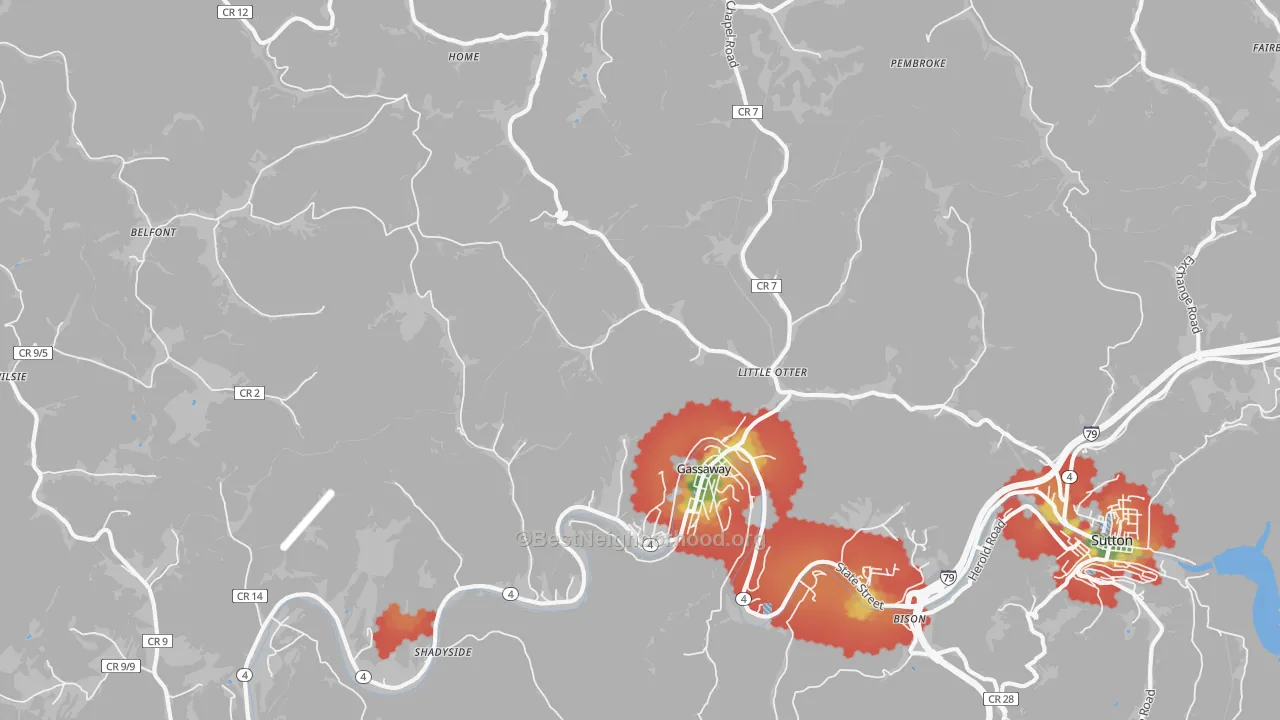 Walk Grade map of 26624, WV, walkable areas in green and car-dependent areas in red