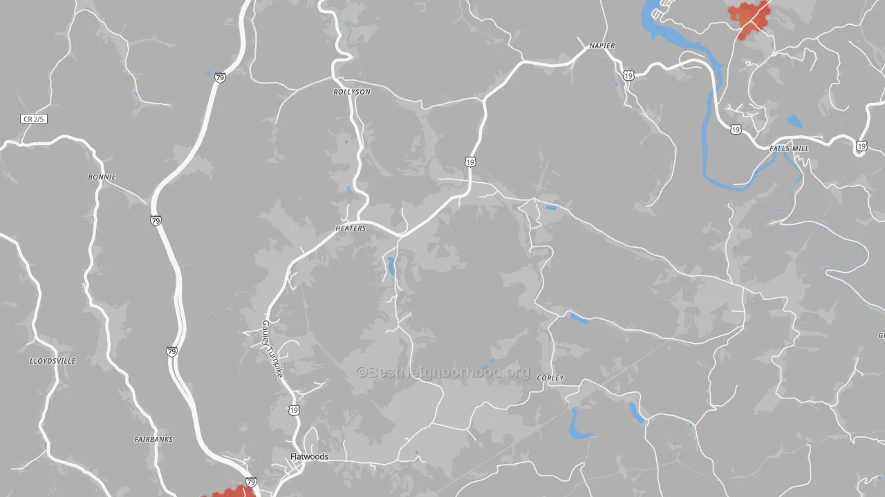 Walk Grade map of 26627, WV, walkable areas in green and car-dependent areas in red