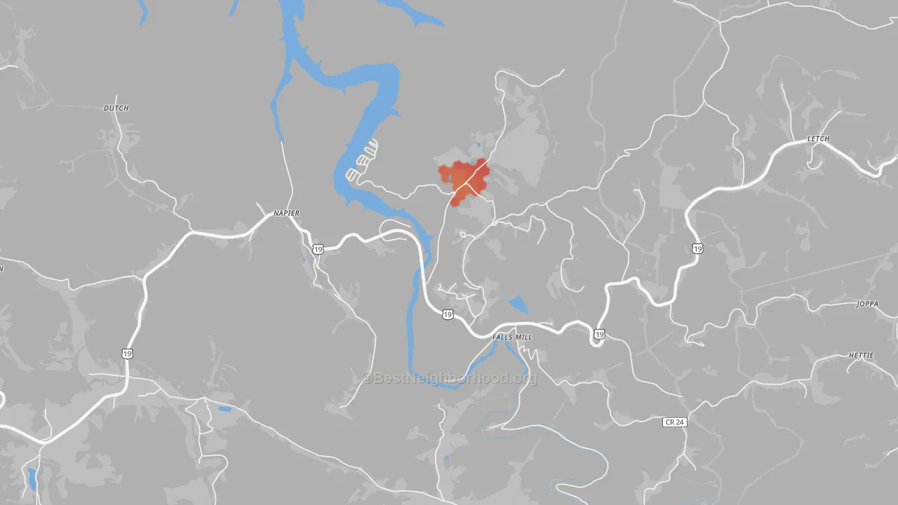 Walk Grade map of 26631, WV, walkable areas in green and car-dependent areas in red