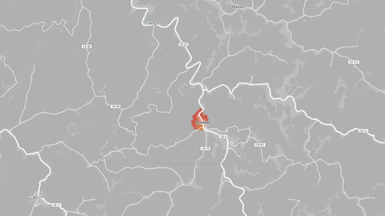 Walk Grade map of 26636, WV, walkable areas in green and car-dependent areas in red