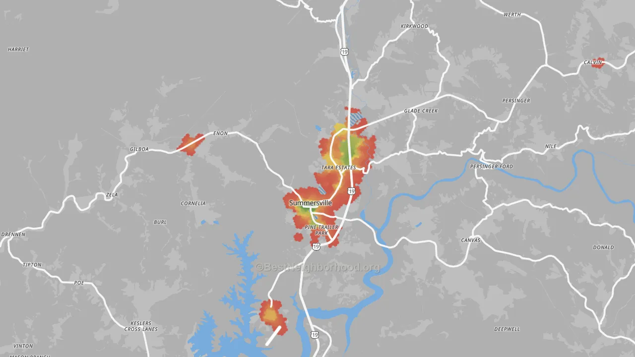 Walk Grade map of 26651, WV, walkable areas in green and car-dependent areas in red
