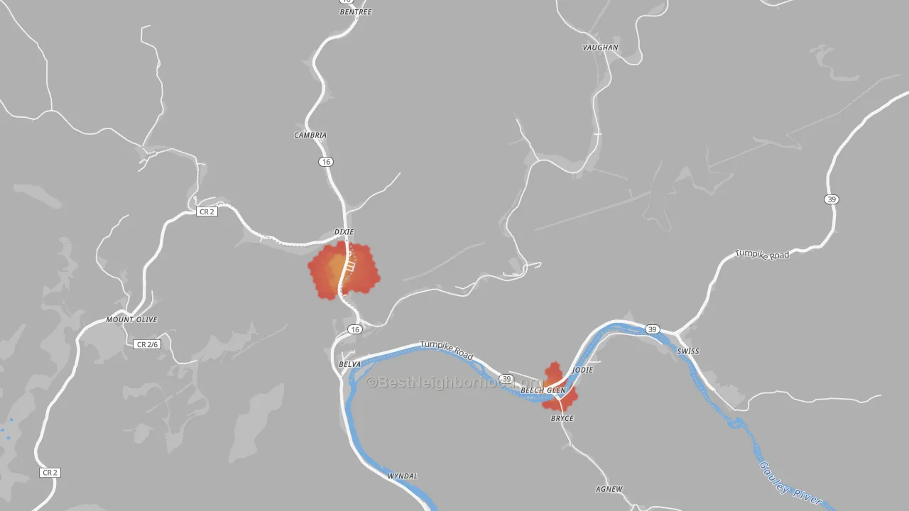 Walk Grade map of 26656, WV, walkable areas in green and car-dependent areas in red