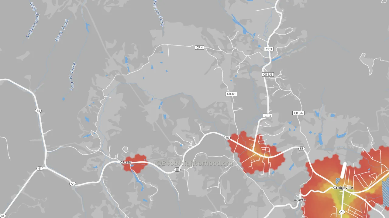 Walk Grade map of 26660, WV, walkable areas in green and car-dependent areas in red