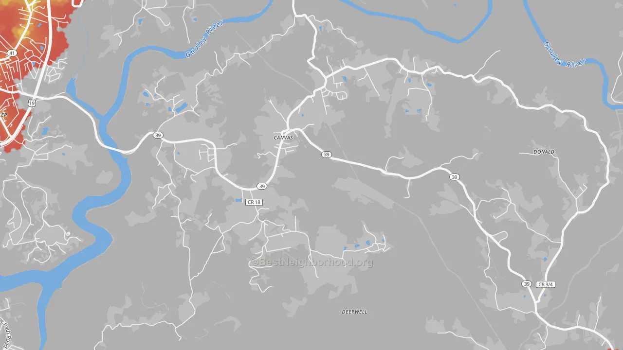 Walk Grade map of 26662, WV, walkable areas in green and car-dependent areas in red