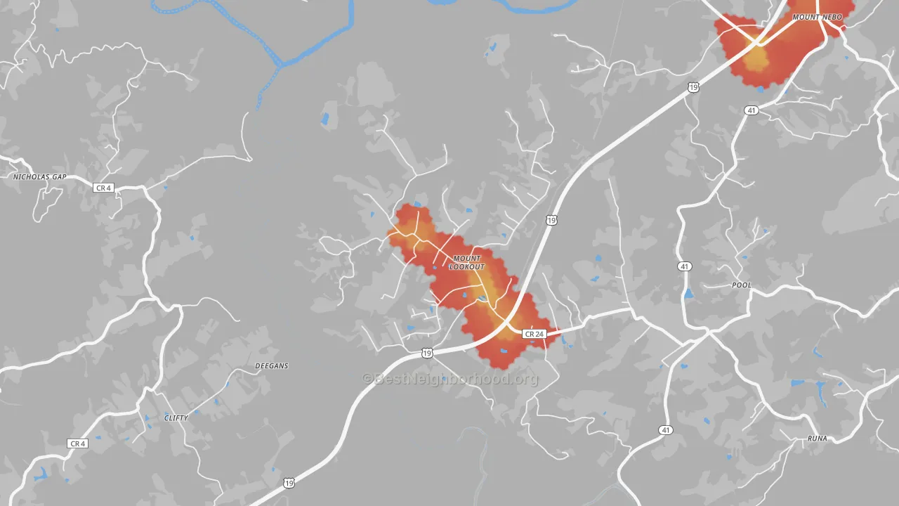 Walk Grade map of 26678, WV, walkable areas in green and car-dependent areas in red