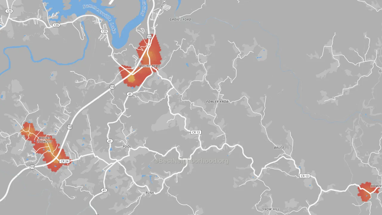 Walk Grade map of 26679, WV, walkable areas in green and car-dependent areas in red