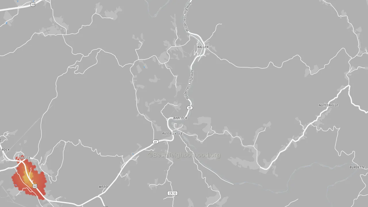 Walk Grade map of 26680, WV, walkable areas in green and car-dependent areas in red