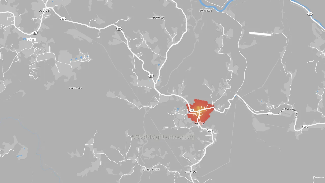 Walk Grade map of 26681, WV, walkable areas in green and car-dependent areas in red