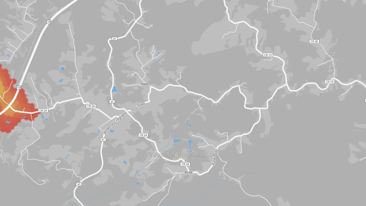 Walk Grade map of 26684, WV, walkable areas in green and car-dependent areas in red