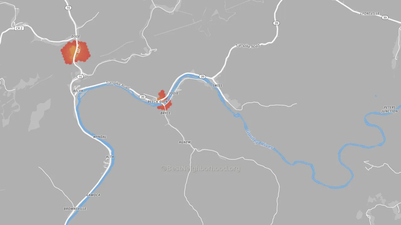 Walk Grade map of 26690, WV, walkable areas in green and car-dependent areas in red