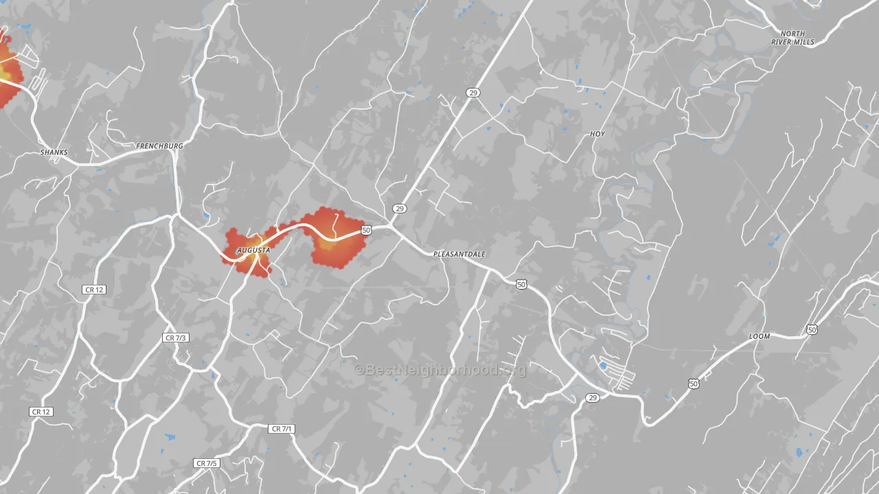Walk Grade map of 26704, WV, walkable areas in green and car-dependent areas in red