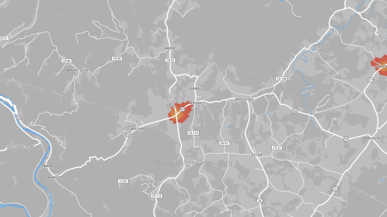 Walk Grade map of 26705, WV, walkable areas in green and car-dependent areas in red